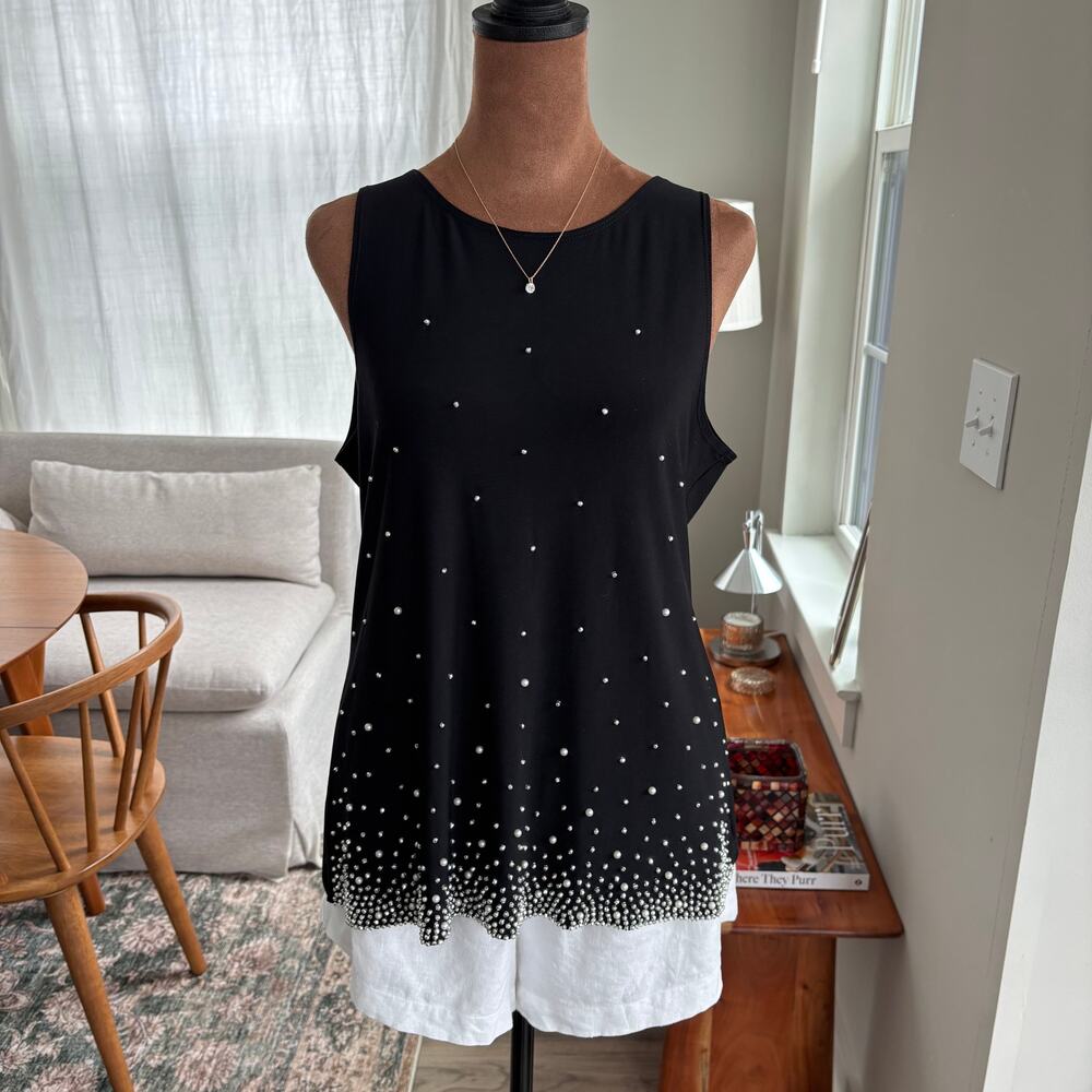 90s Vintage CHAUS New York Slinky Knit Black Pearl Sequin Tank Top Glam Medium